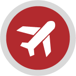 a red icon with a white plane figure within it
